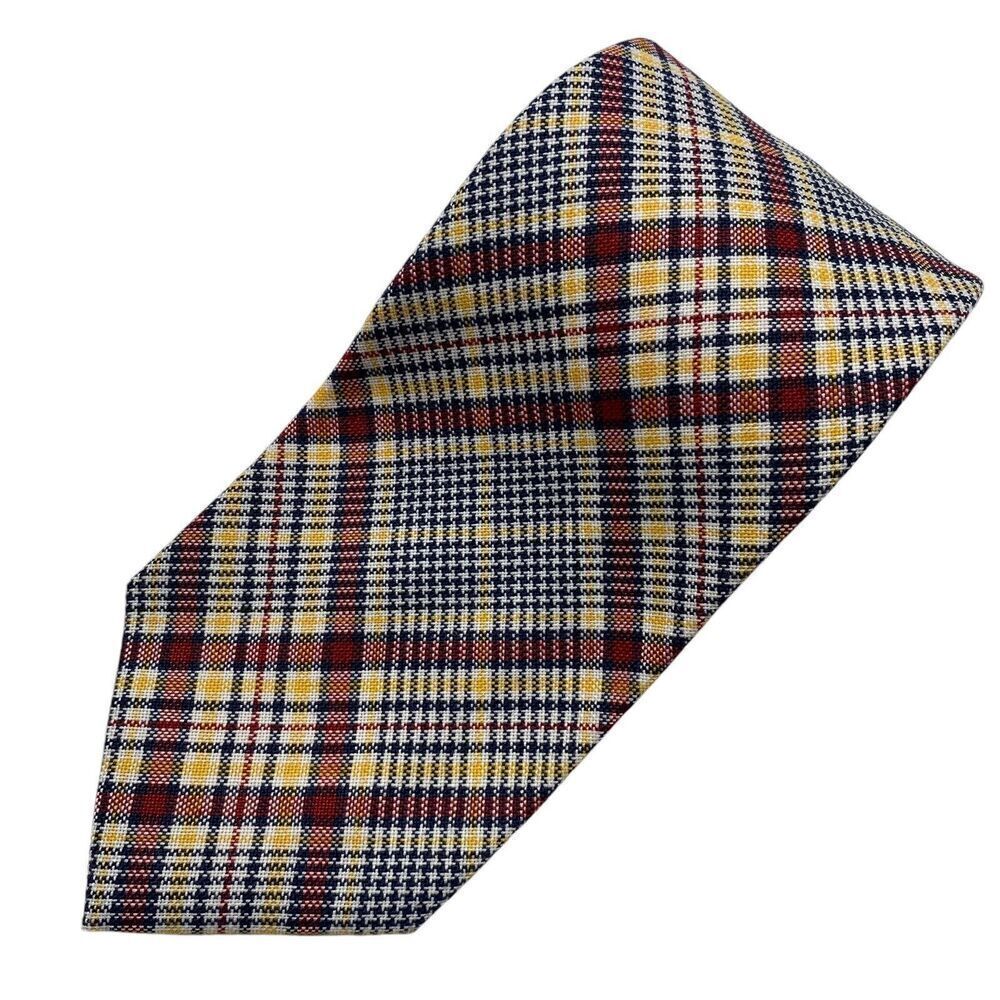 Vintage Gant Men's Tie Necktie Wide Wool Blend Plaid Red Blue Yellow 70's